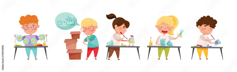 Creative Kid at Table Engaged in Handcraft Activity Recycle Material Vector Set Creative Kid at Table Engaged in Handcraft Activity Recycle Material Vector Set