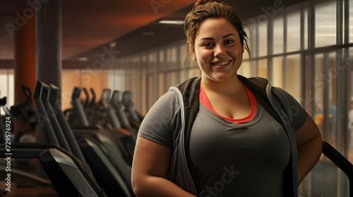 A vibrant woman exudes confidence as she smiles at the camera  dressed in workout gear with her hand resting on an exercise machine in a gym