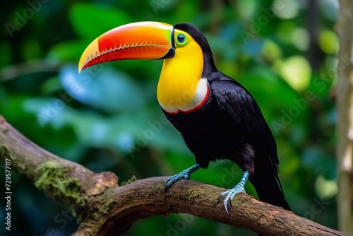 Toco Toucan, a bird in the family Ramphastidae. It has a black body, white throat, chest and upper tail, and red under tail Its massive beak is yellow orange