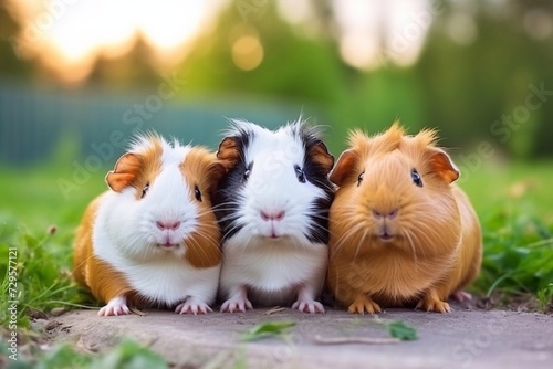 Beautiful Three little guinea pigs sit in a row outdoors in summer