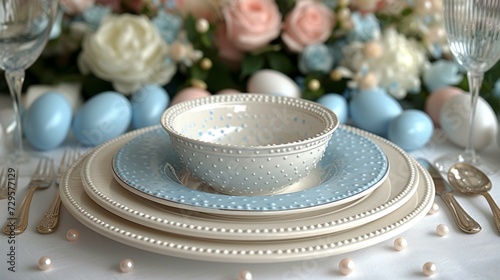 Easter table with painted eggs and floral decor on white background, flat lay with text space