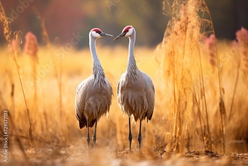 Two Sandhill cranes (Grus canadensis) on field photo