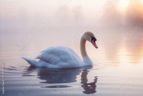 
White swan in a foggy lake at dawn. Morning lights. Romantic background