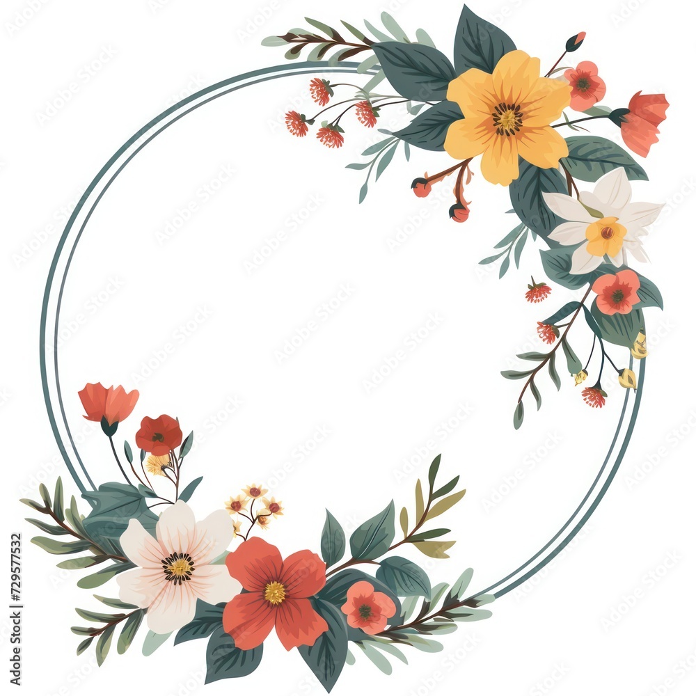 a minimalist circle frame encompasses a bouquet of flat modern flowers a minimalist circle frame encompasses a bouquet of flat modern flowers