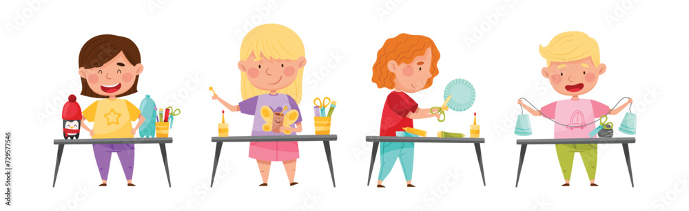 Creative Kid at Table Engaged in Handcraft Activity Recycle Material Vector Set Creative Kid at Table Engaged in Handcraft Activity Recycle Material Vector Set