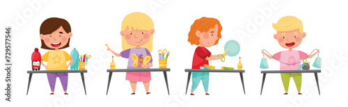 Creative Kid at Table Engaged in Handcraft Activity Recycle Material Vector Set