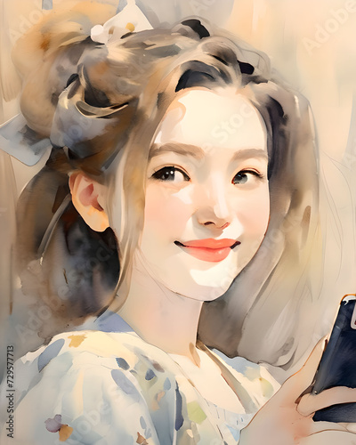 Pintura de una joven tomándose un selfie con su teléfono móvil

