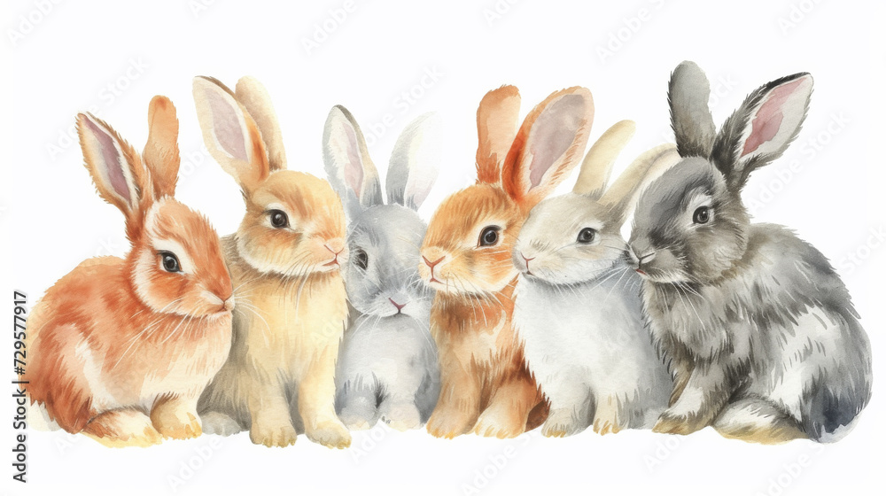 A charming watercolor painting showcasing a row of adorable rabbits with different fur patterns and colors.
A charming watercolor painting showcasing a row of adorable rabbits with different fur patterns and colors.