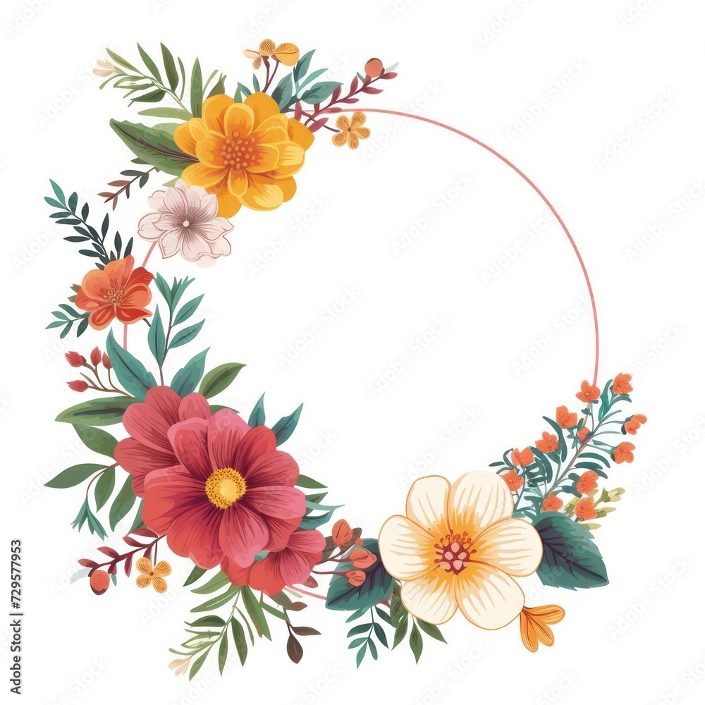 minimalist circle frame with flat modern flowers bouquet, isolated on a white background