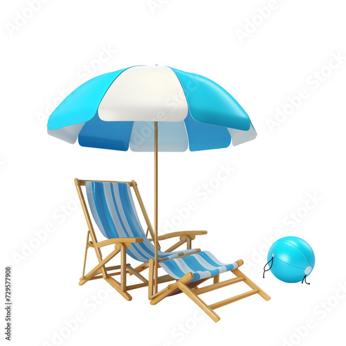 3d Beach Chair, Blue Umbrella and Ball, Summer holiday, Time to travel concept isolated on transparent background
