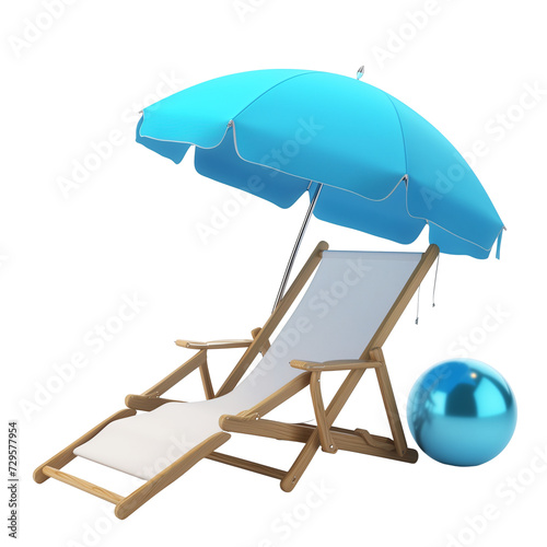 3d Beach Chair, Blue Umbrella and Ball, Summer holiday, Time to travel concept isolated on transparent background