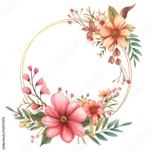 Flat modern flowers arranged in a minimalist circle frame, isolated against a white background. 