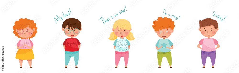Upset Kid Feel Guilty and Sorry Expressing Regret Vector Set Upset Kid Feel Guilty and Sorry Expressing Regret Vector Set