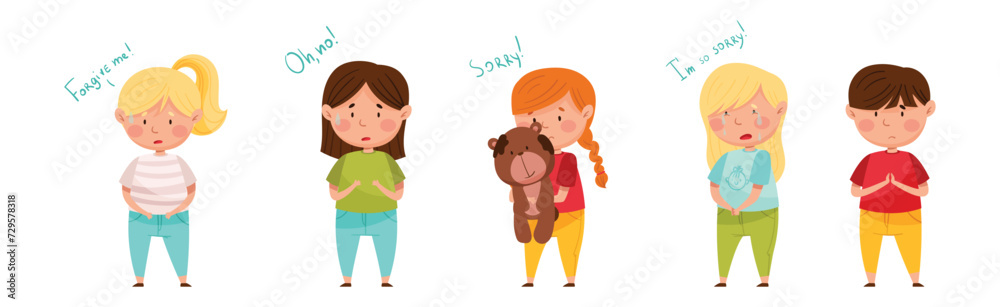 Upset Kid Feel Guilty and Sorry Expressing Regret Vector Set Upset Kid Feel Guilty and Sorry Expressing Regret Vector Set