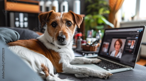 Jack Russell Terrier lies on a couch with a laptop open, creating a homely and relaxed telecommuting scene © weerasak