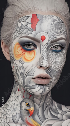 Unusual and unique illustration of female face portrait with abstract face tattoos in excellent line detail