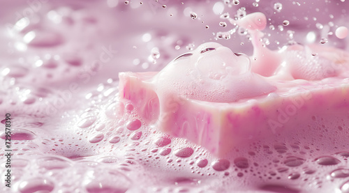 pink soap covered in foam and water stock photo in