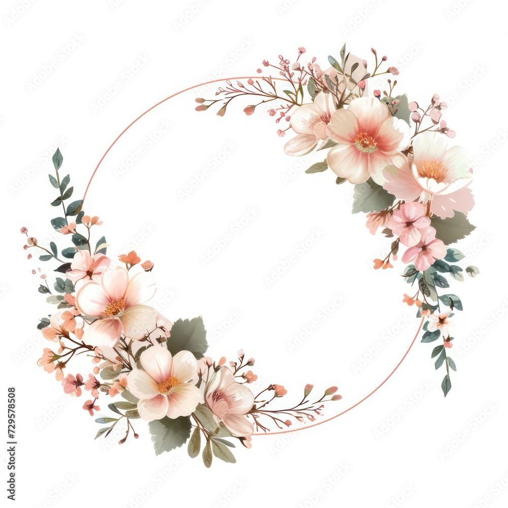 Fototapeta premium minimalist circle frame with flat modern flowers bouquet, isolated on a white background