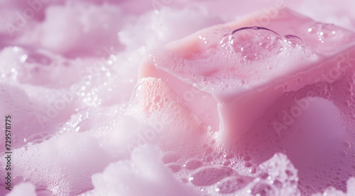 pink soap covered in foam and water stock photo in
