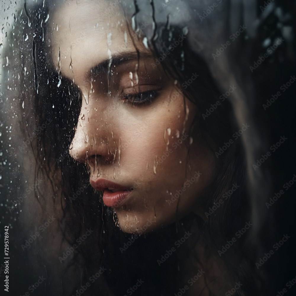 A beautiful girl looks in through a wet windowpane.