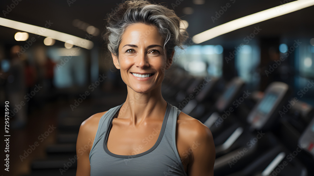 A radiant woman wearing gym clothes smiles confidently at the camera, showcasing her toned shoulders and chest while standing in front of exercise equipment in an indoor setting