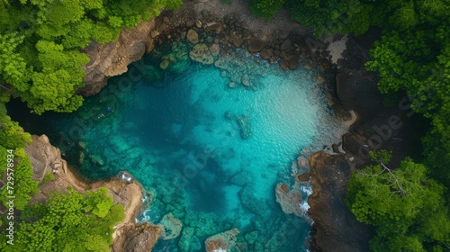 Aerial view emerald pool lagoon in jungle green rainforest, Blue pool famous tourist travel destination, generative Ai