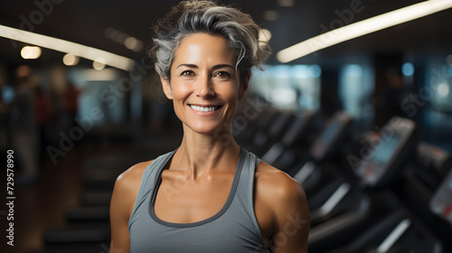 A radiant woman wearing gym clothes smiles confidently at the camera  showcasing her toned shoulders and chest while standing in front of exercise equipment in an indoor setting