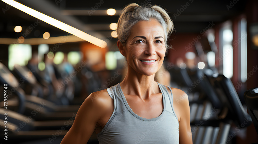A beaming woman confidently showcases her workout attire while posing with exercise equipment indoors