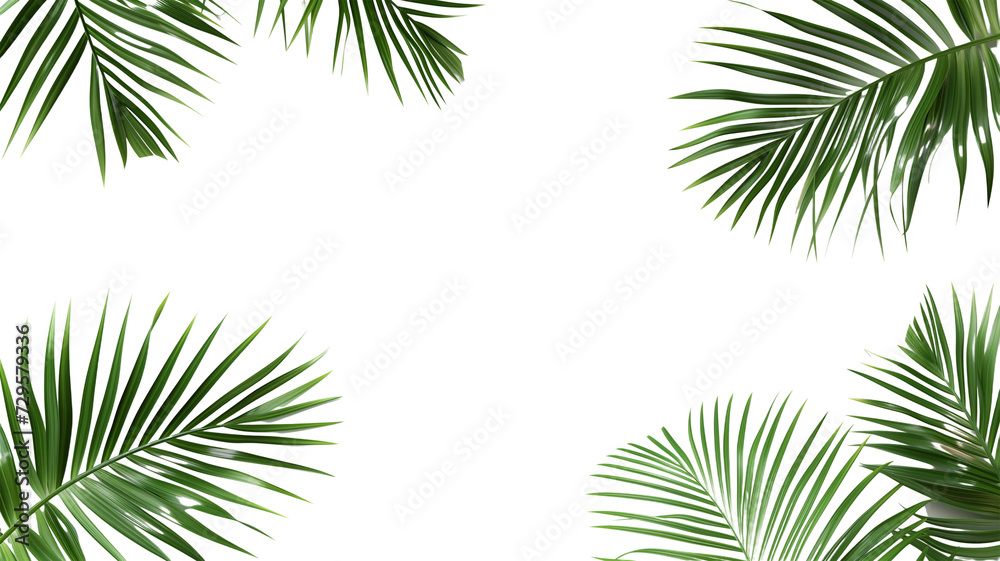 Tropical frame with green palm leaves. Tropical plant branches isolated on a transparent background.