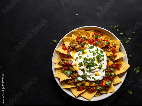 Nachos with cheese sauce in bowl on black background, top view, copy space 