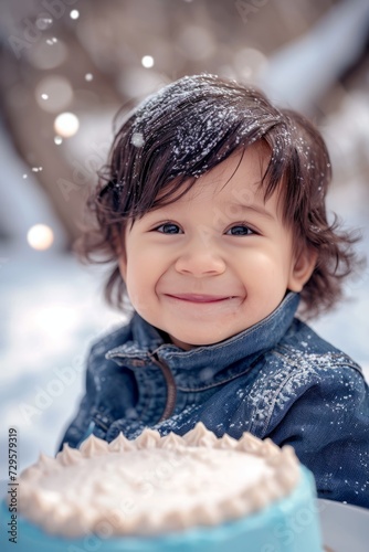 Obraz na płótnie Cute little girl with a cake on the background of the winter forest w salonie