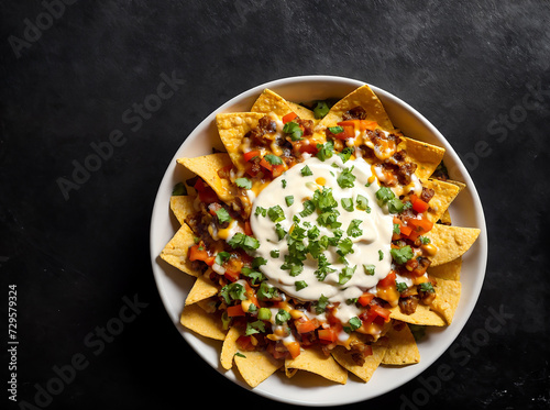 Nachos with cheese sauce in bowl on black background, top view, copy space 