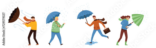 Rain with Man and Woman Walking with Umbrella in Wet Weather Vector Set