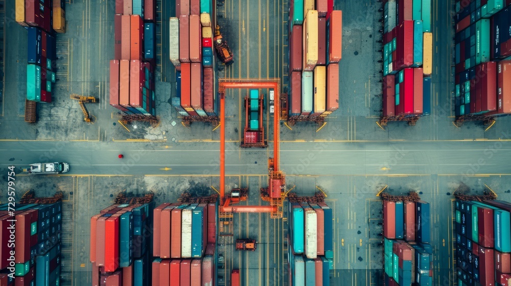 Obraz premium Top view shipping container terminal. Generative Ai