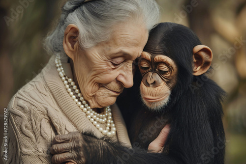  An elderly woman tenderly embraces a young chimpanzee, both exhibiting serene expressions in a natural setting. could illustrate themes of care, connection, or nature.