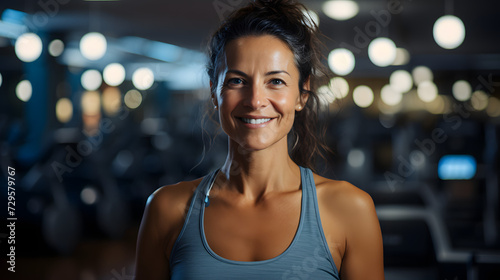 A radiant lady beams with joy and confidence as she poses for a portrait, her sleeveless shirt highlighting her graceful neck and shoulders in this indoor photo