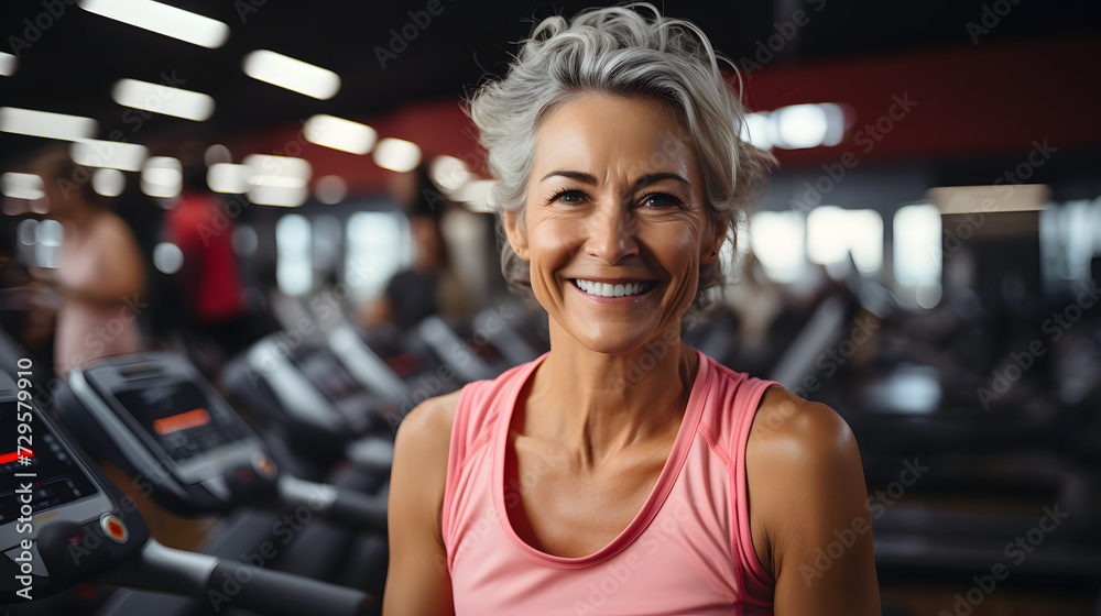 A cheerful woman in workout attire poses with exercise equipment at an indoor gym, radiating positivity and determination for her fitness journey