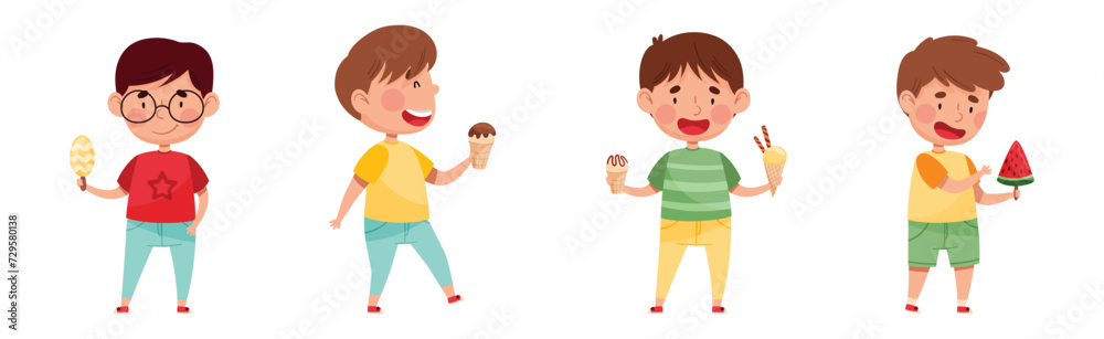 Happy Kid Character Eating Ice Cream Enjoy Frozen Dessert Vector Set Happy Kid Character Eating Ice Cream Enjoy Frozen Dessert Vector Set
