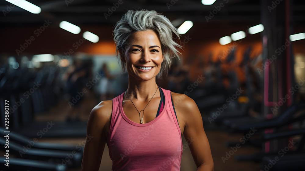 Fototapeta premium A confident woman proudly showcases her toned muscles while posing with exercise equipment in a sleeveless shirt at the gym, radiating determination and joy