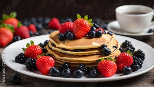 Serving traditional pancake with strawberries and black berries.