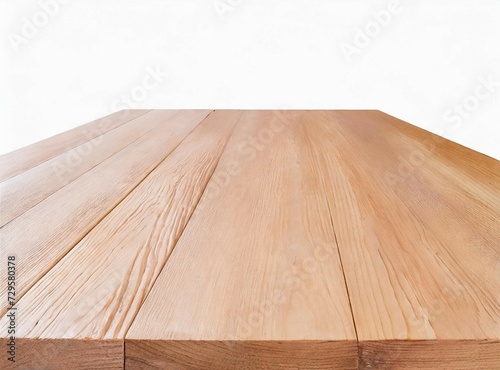 Empty light brown wooden table isolated on white background closeup
