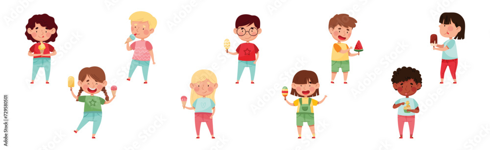 Happy Kid Character Eating Ice Cream Enjoy Frozen Dessert Vector Set Happy Kid Character Eating Ice Cream Enjoy Frozen Dessert Vector Set