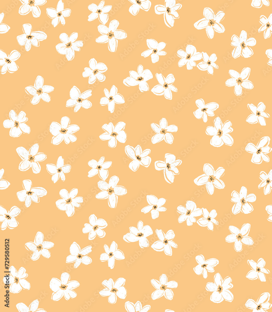 Abstract hand-drawn flowers repeat seamless pattern Vintage daisy retro floral background