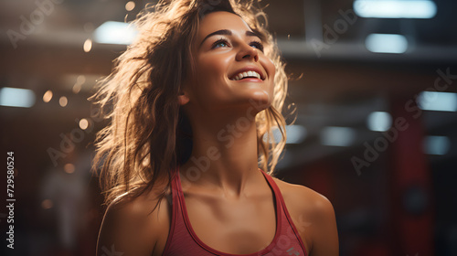 A stunning model exudes confidence and style as her long, layered brown hair dances in the wind, showcasing a beautiful smile and fashionable clothing