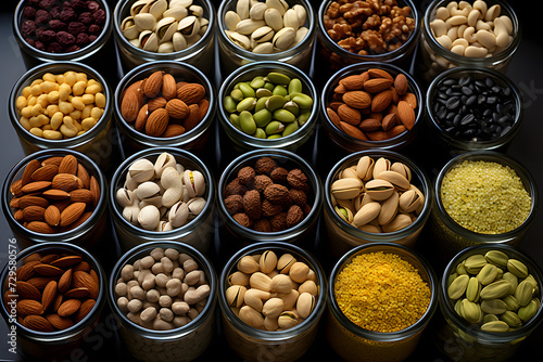 large assortment of different types of nuts in plates for supermarket sale. vegan food. natural vitamins.