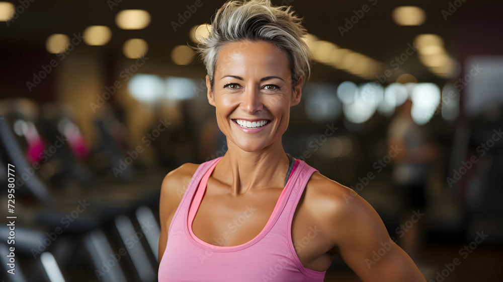 A fit and confident woman exudes joy as she poses in a pink active tank, showing off her toned muscles and gym-ready attire while standing among exercise equipment