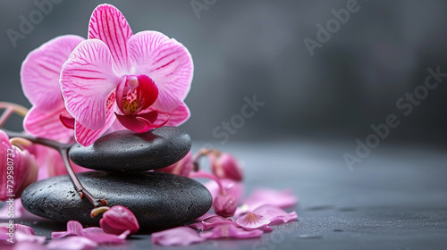 spa stones and flowers on grey background  close up