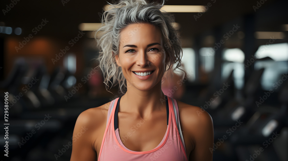 Fototapeta premium A confident lady, dressed in a sleeveless shirt, beams with joy as she poses for the camera indoors, showcasing her toned chest and shoulders while exuding an air of athleticism and happiness