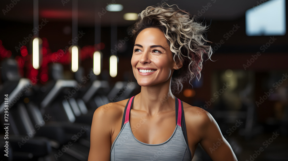 Fototapeta premium A confident woman exudes joy as she poses for the camera, her sleeveless active tank showcasing her toned shoulders and neck while her bright smile radiates warmth and positivity
