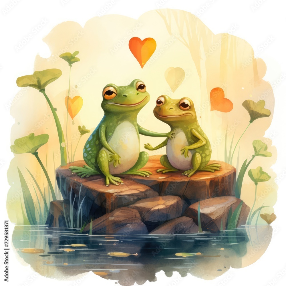 Watercolor illustration of a pair of frogs in love on a white background. Generated with AI